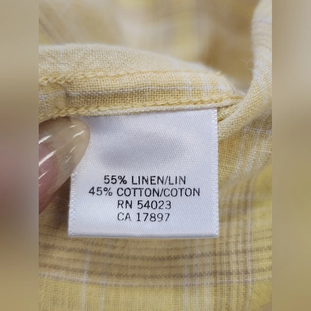 Banana Republic Button Down Shirt Yellow Plaid Short Sleeve Linen Size 16-16.5
